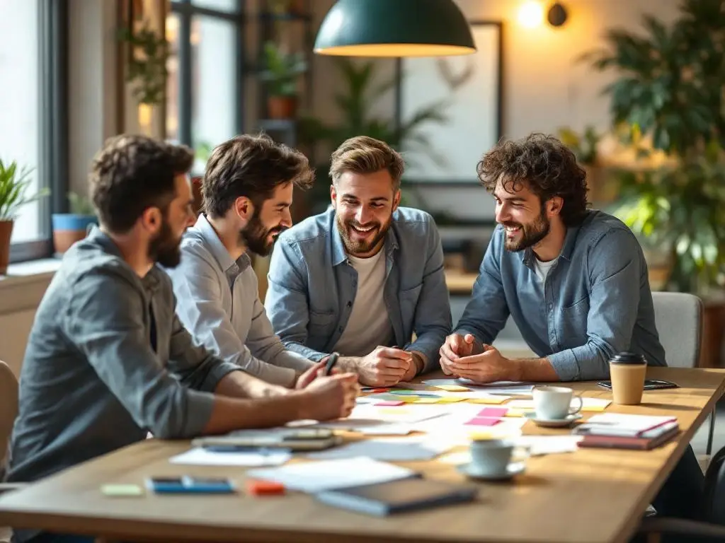 Drie collega's in geanimeerde discussie rond houten tafel met sticky notes en schetsen in modern kantoor