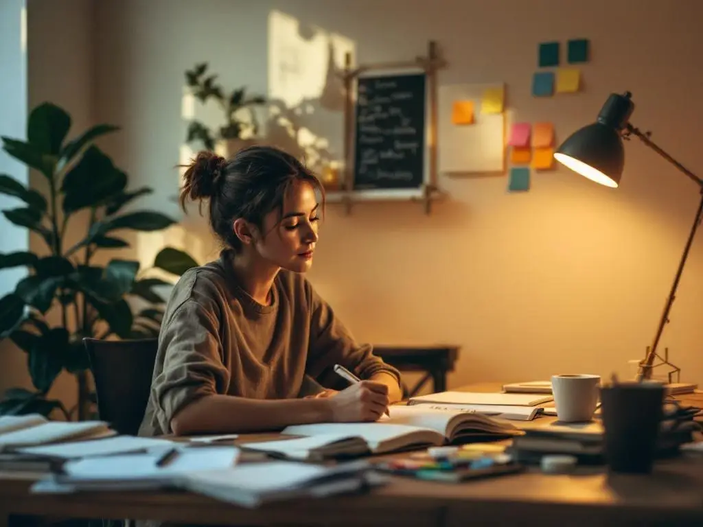 Persoon schrijft in dagboek aan thuiswerkplek met gekleurde post-it notities en koffie in warme, gezellige sfeer