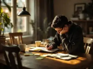 Persoon schrijft in notitieboek aan houten bureau in warme thuiskantoor met koffie en natuurlijk licht door raam