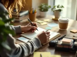 Persoon schrijft in notitieboek aan thuiswerkplek met laptop, koffie en plaknotities bij raam met natuurlijk licht