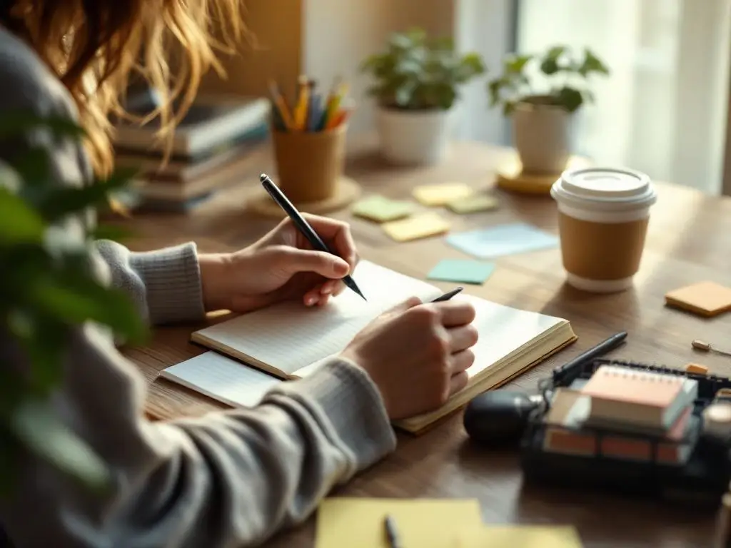 Persoon schrijft in notitieboek aan thuiswerkplek met laptop, koffie en plaknotities bij raam met natuurlijk licht