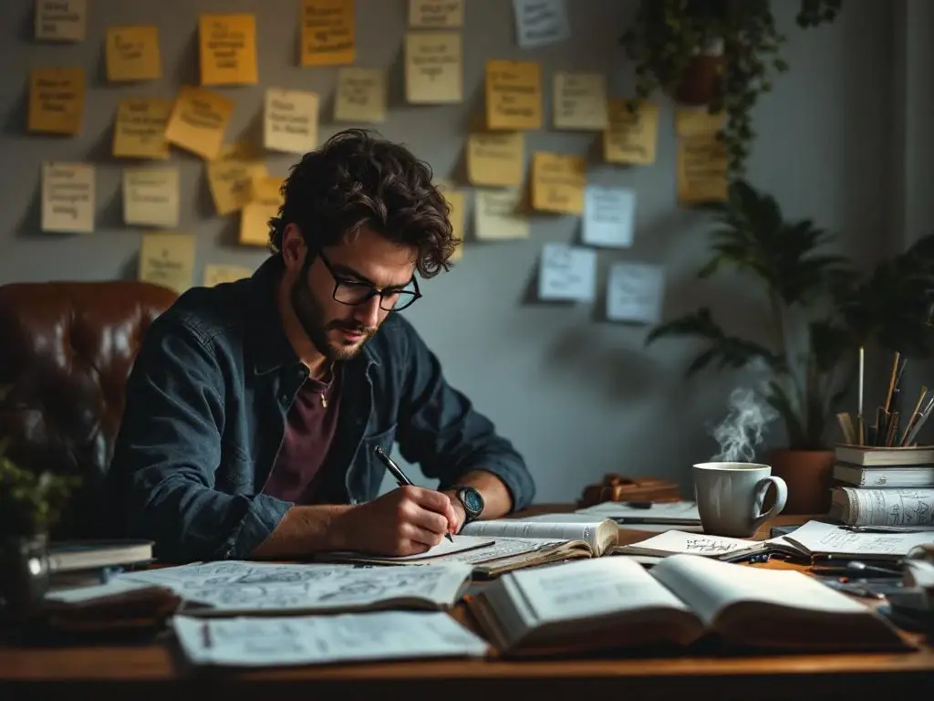Persoon schrijft in leren dagboek aan gezellig thuiskantoor bureau met open notitieboeken, schetsen en koffie