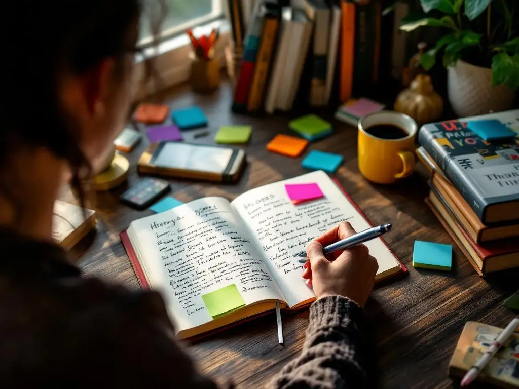 Persoon schrijft verhalen in notitieboek aan houten bureau met koffie, boeken en notities in warm verlichte thuiskantoor