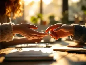 Twee handen reiken naar elkaar in vertrouwensgebaar in warm verlichte moderne werkruimte met notebooks en koffie