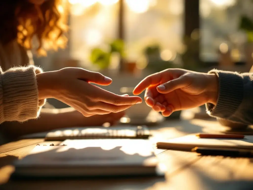 Twee handen reiken naar elkaar in vertrouwensgebaar in warm verlichte moderne werkruimte met notebooks en koffie