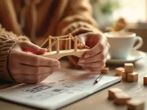 Handen houden houten brugmodel boven opening, symboliseert vertrouwen opbouwen tijdens gedragsverandering in werkruimte