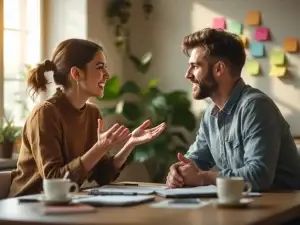 Twee collega's in gesprek op modern kantoor, één persoon gebaart expressief terwijl ander aandachtig luistert