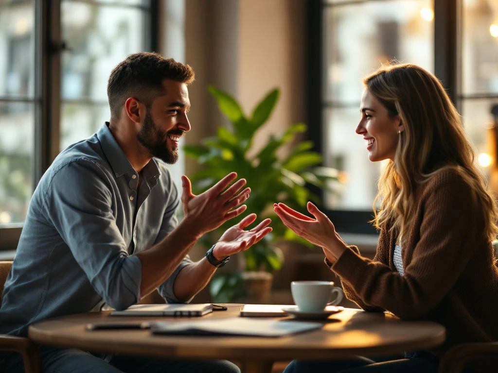 Twee collega's in gesprek aan bureau, één leunt aandachtig voorover terwijl ander gebaart, notebook en koffie op tafel