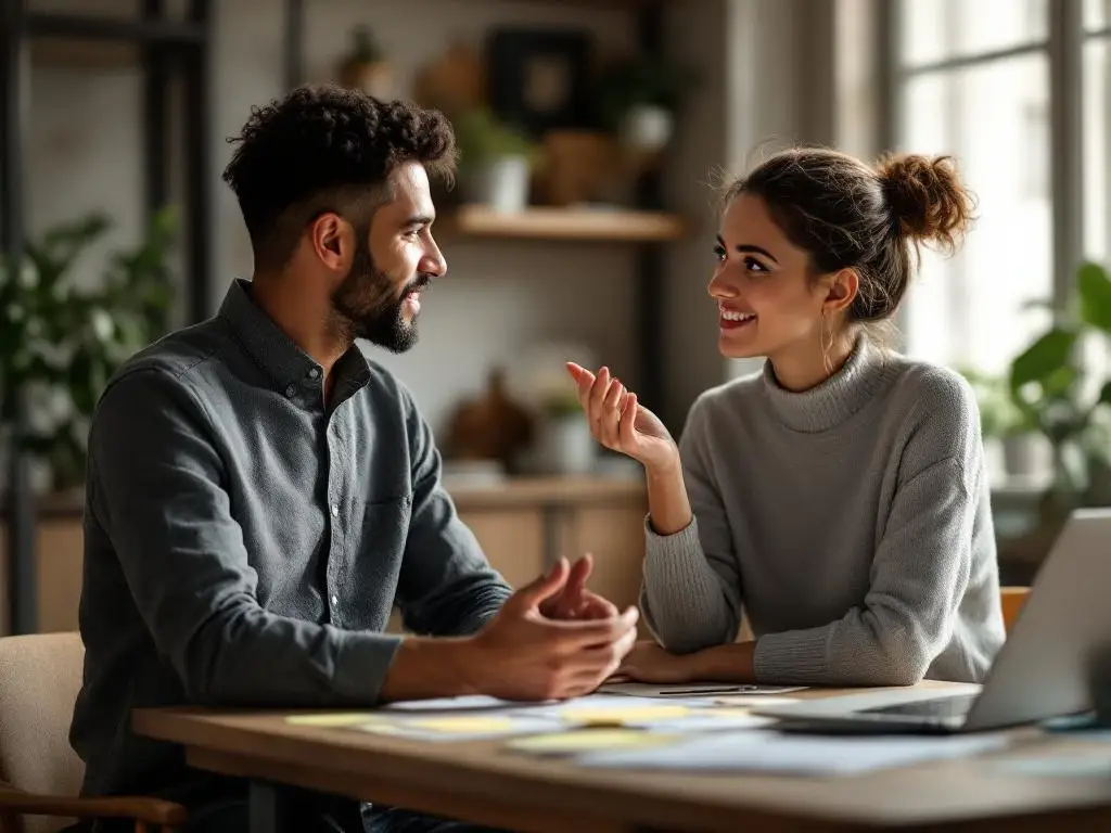 Twee collega's voeren een authentiek gesprek over werkplekverandering in een moderne kantooromgeving met planmateriaal