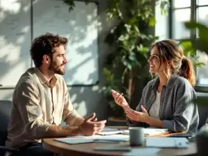 Twee collega's in gesprek aan houten tafel in moderne kantoorruimte, één persoon gebaart terwijl ander notities maakt