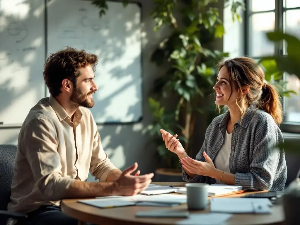 Twee collega's in gesprek aan houten tafel in moderne kantoorruimte, één persoon gebaart terwijl ander notities maakt