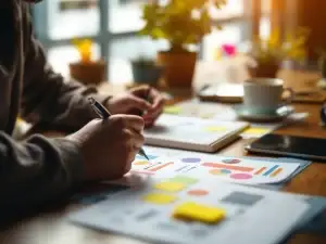 Persoon schrijft in notitieboek aan houten bureau met grafieken, sticky notes en tablet in moderne coworking ruimte