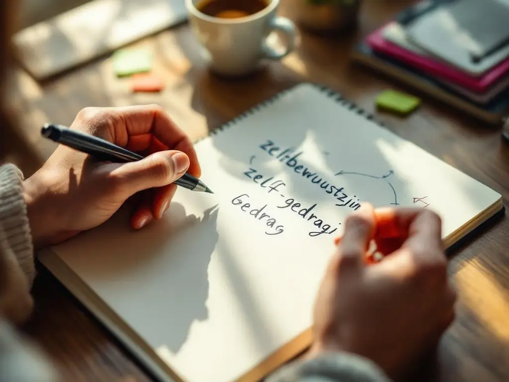 Handen schrijven Nederlandse woorden over zelfbewustzijn in notitieboek op houten bureau met koffie en notities