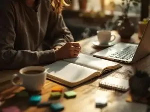 Persoon schrijft in notitieboek aan houten bureau in warm verlichte thuiswerkruimte met laptop en koffie