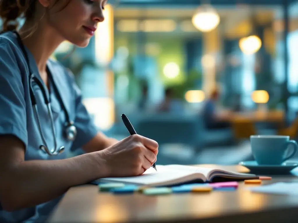 Zorgverlener in scrubs schrijft aantekeningen in notitieboek aan bureau in moderne ziekenhuispauzeruimte
